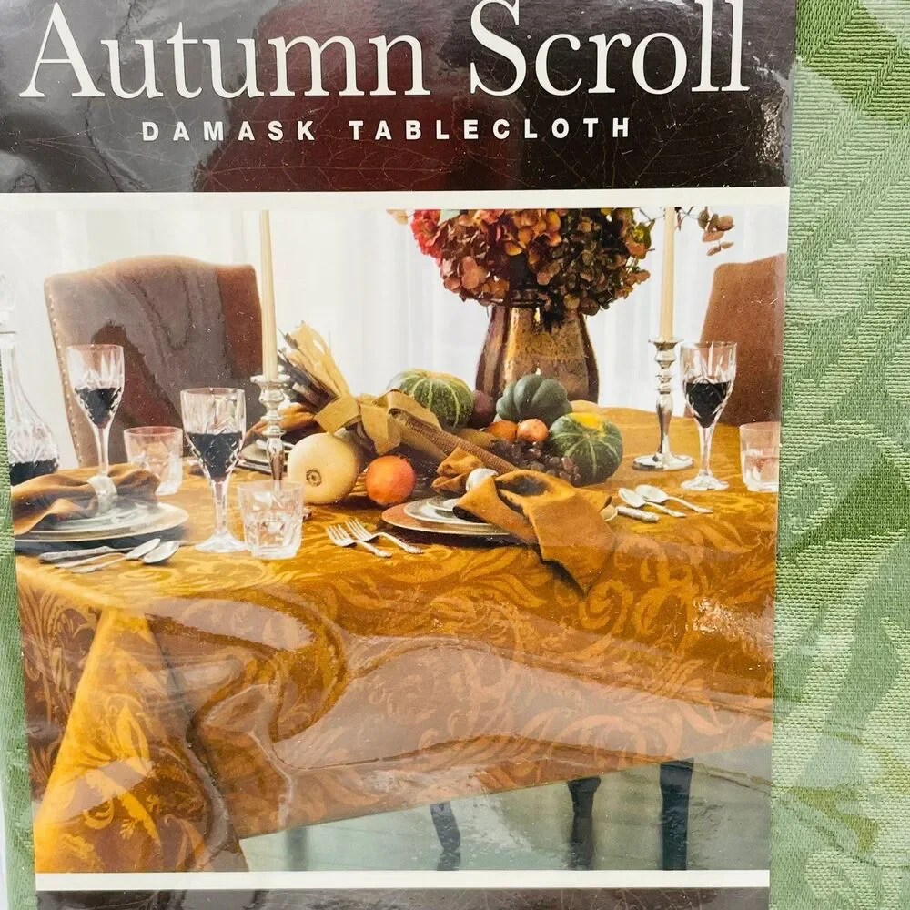 Fall Style Autumn Scroll Fern Green Damask Oblong Oval Tablecloth NEW 60” x84”